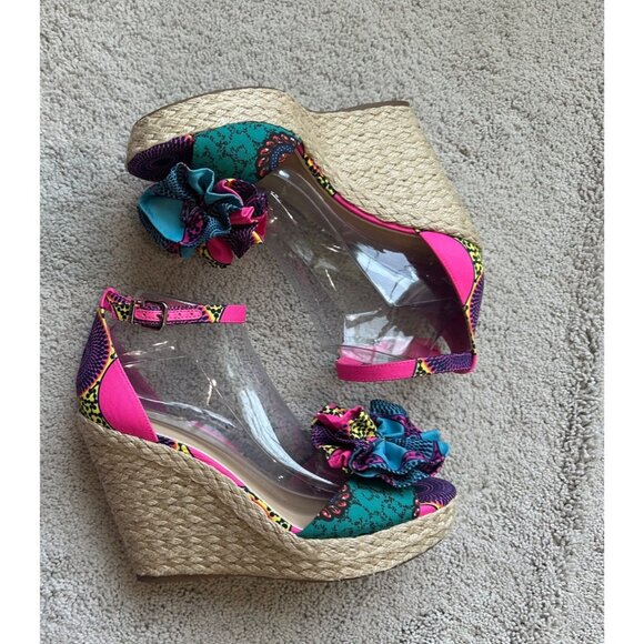 Gianni Bini Shoes Womens Sz 10 Colorful Pink / Blue Strap Wedge Sandals Open Toe - Picture 9 of 13